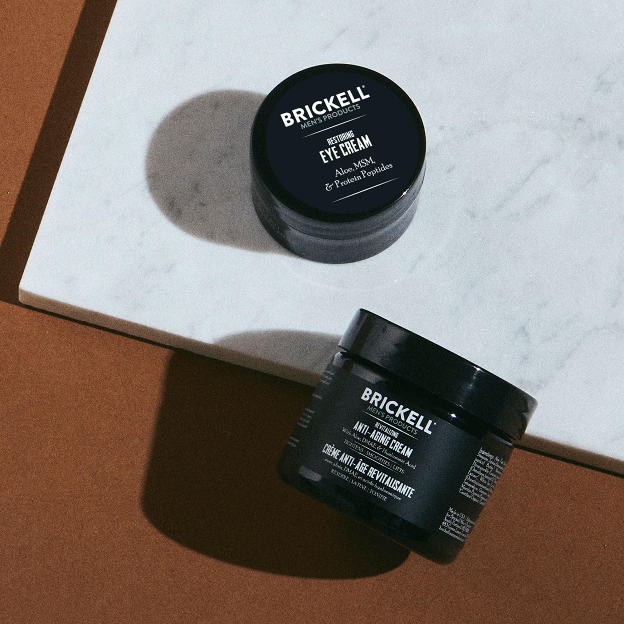 Illustrative concept image of natural ingredients like aloe and caffeine in Brickell formula.