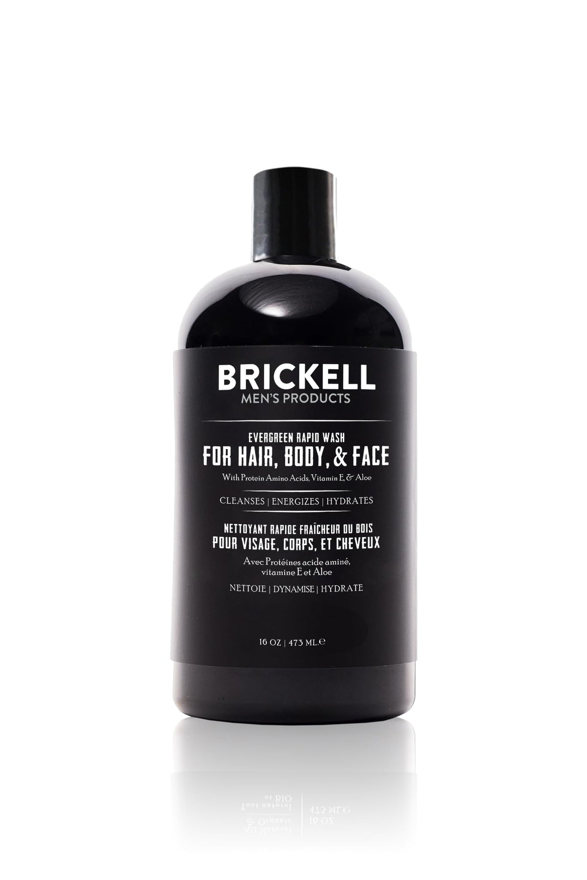 Brickell Rapid Wash bottle-front view with evergreen scent prompting daily cleansing.