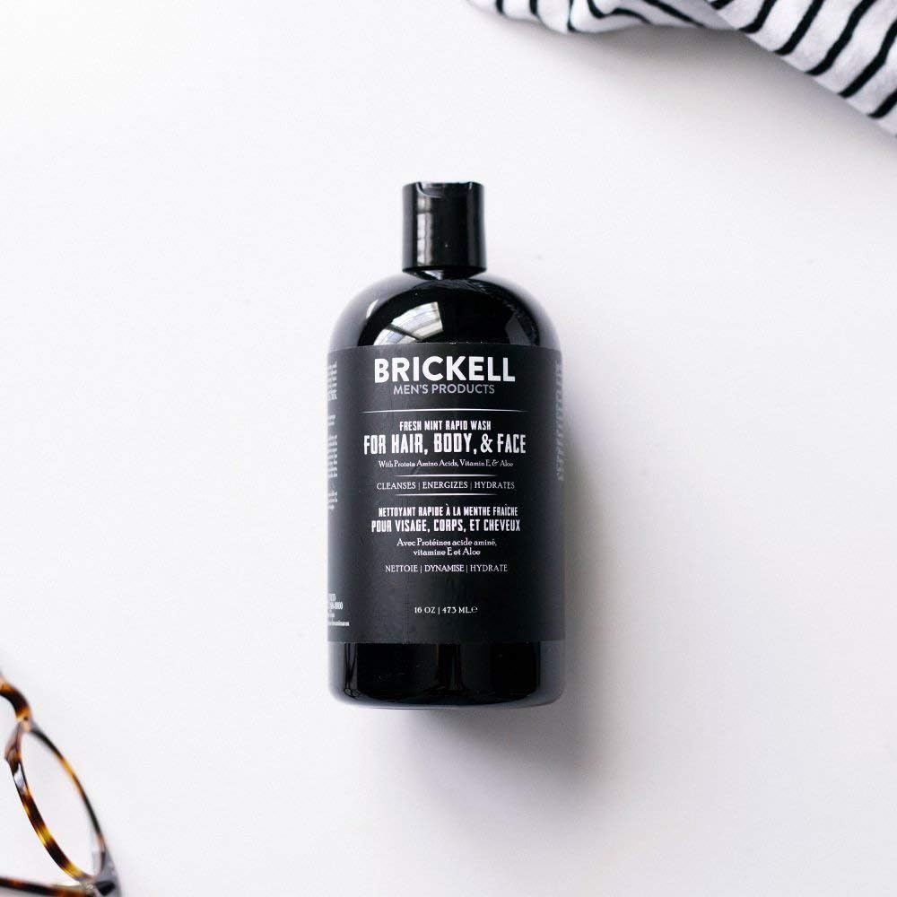 Closeup of Brickell Rapid Wash mint formula highlighting natural ingredients