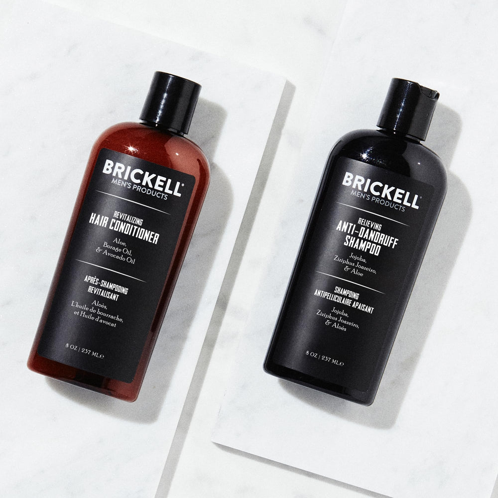 Brickell Relieving Hair Care Set packaging showcases all-natural ingredients.