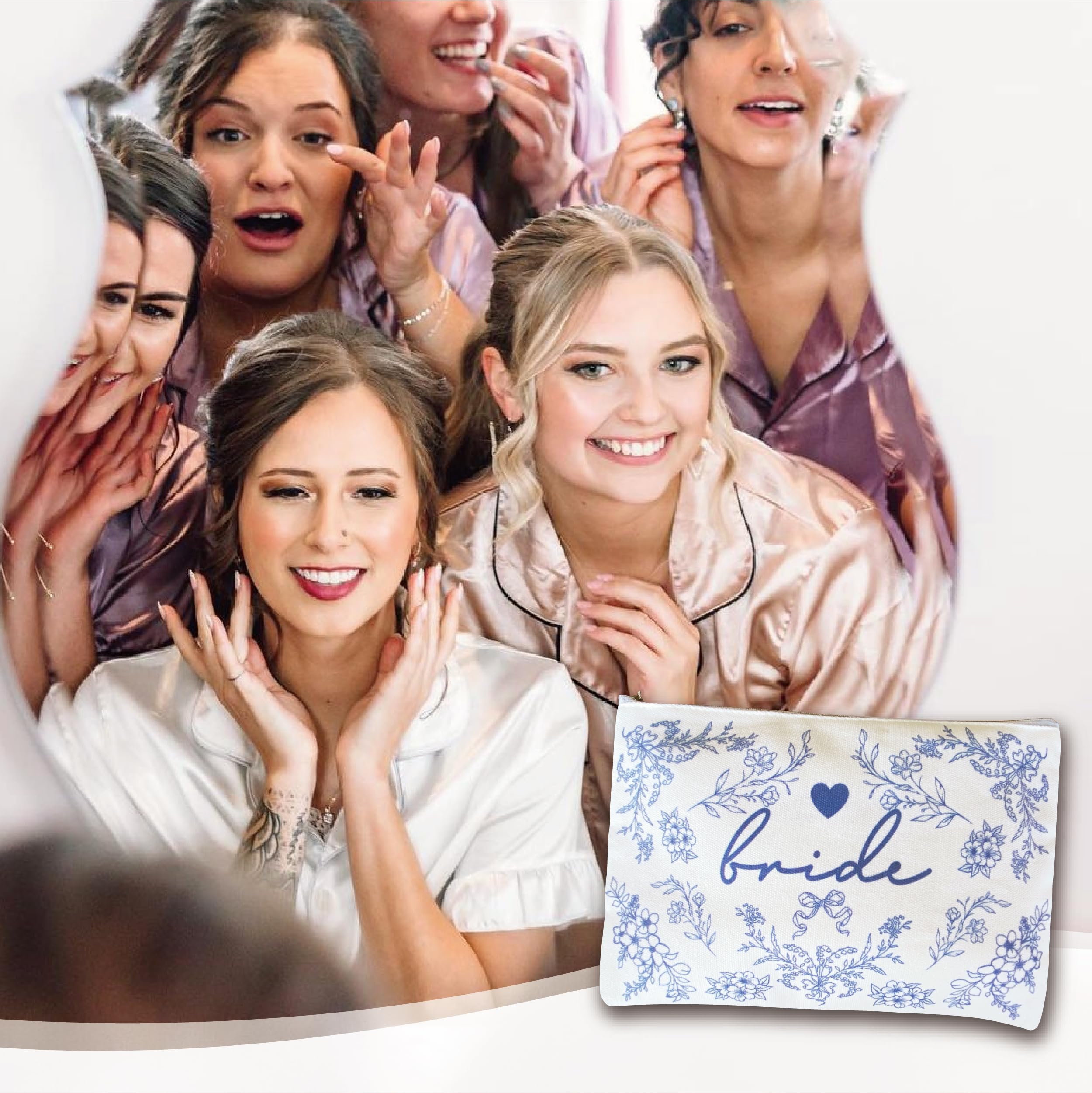 Bride Squad makeup bag blue-and-white porcelain art blends tradition with bridal elegance