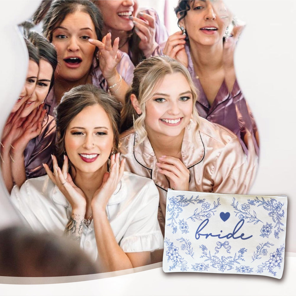 Bride Squad makeup bag blue-and-white porcelain art blends tradition with bridal elegance