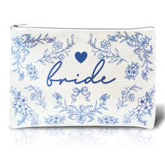 Bride Squad makeup bag with blue porcelain floral pattern closeup