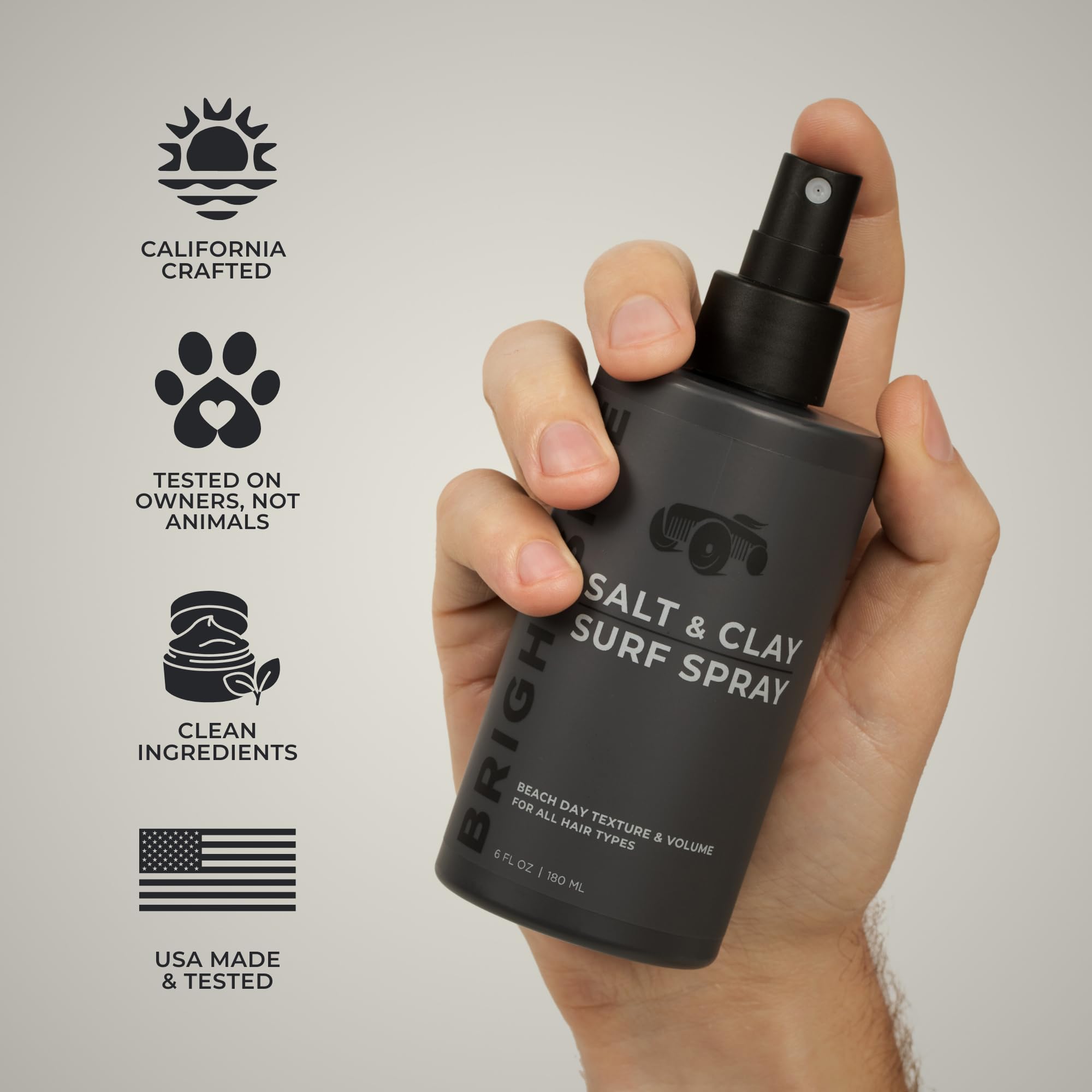 BRIGHTSIDE Salt and Clay Surf Spray textured-look on hair before finishing for a natural hold.