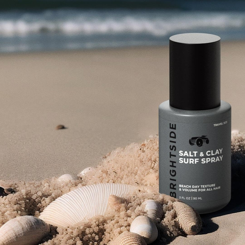 BRIGHTSIDE Salt and Clay Surf Spray travel-size shown for on-the-go styling.