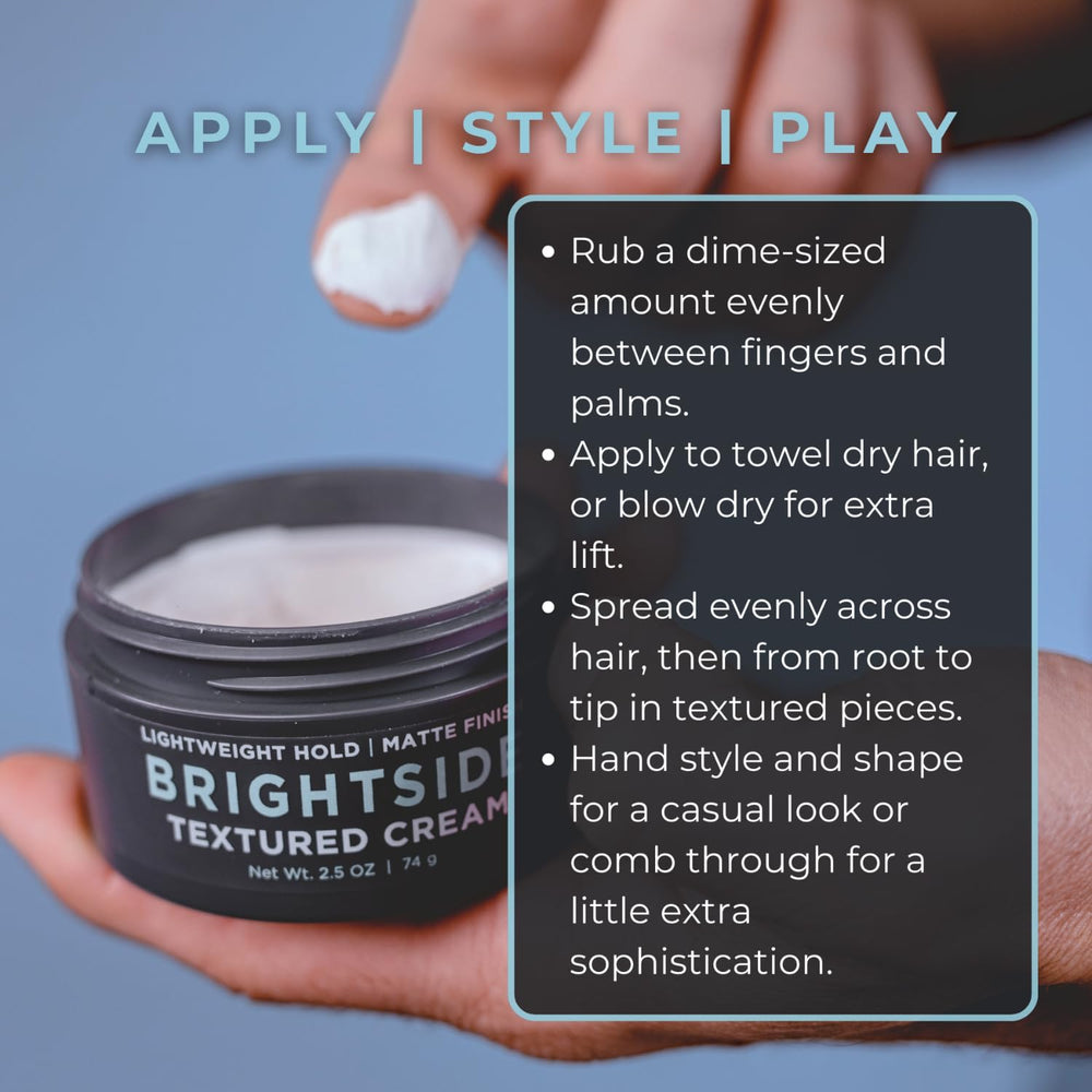 BRIGHTSIDE packaging closeup highlighting the water-based formula for all hair types.