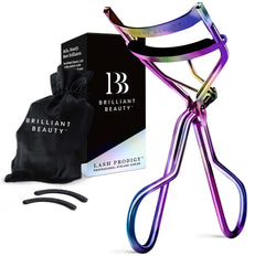 Brilliant Beauty eyelash curler with satin bag — compact for on-the-go curling.