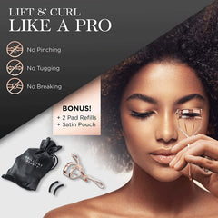 Brilliant Beauty eyelash curler with satin bag shown for on-the-go storage.