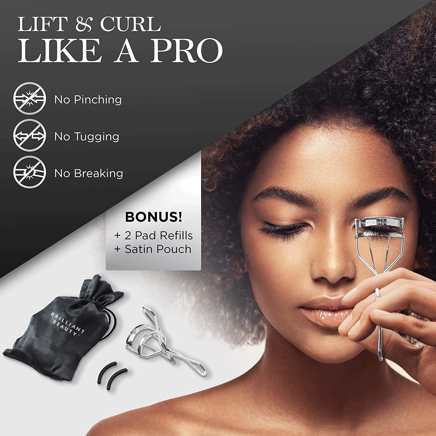 Brilliant Beauty satin bag accompanies the curler for protection on the go