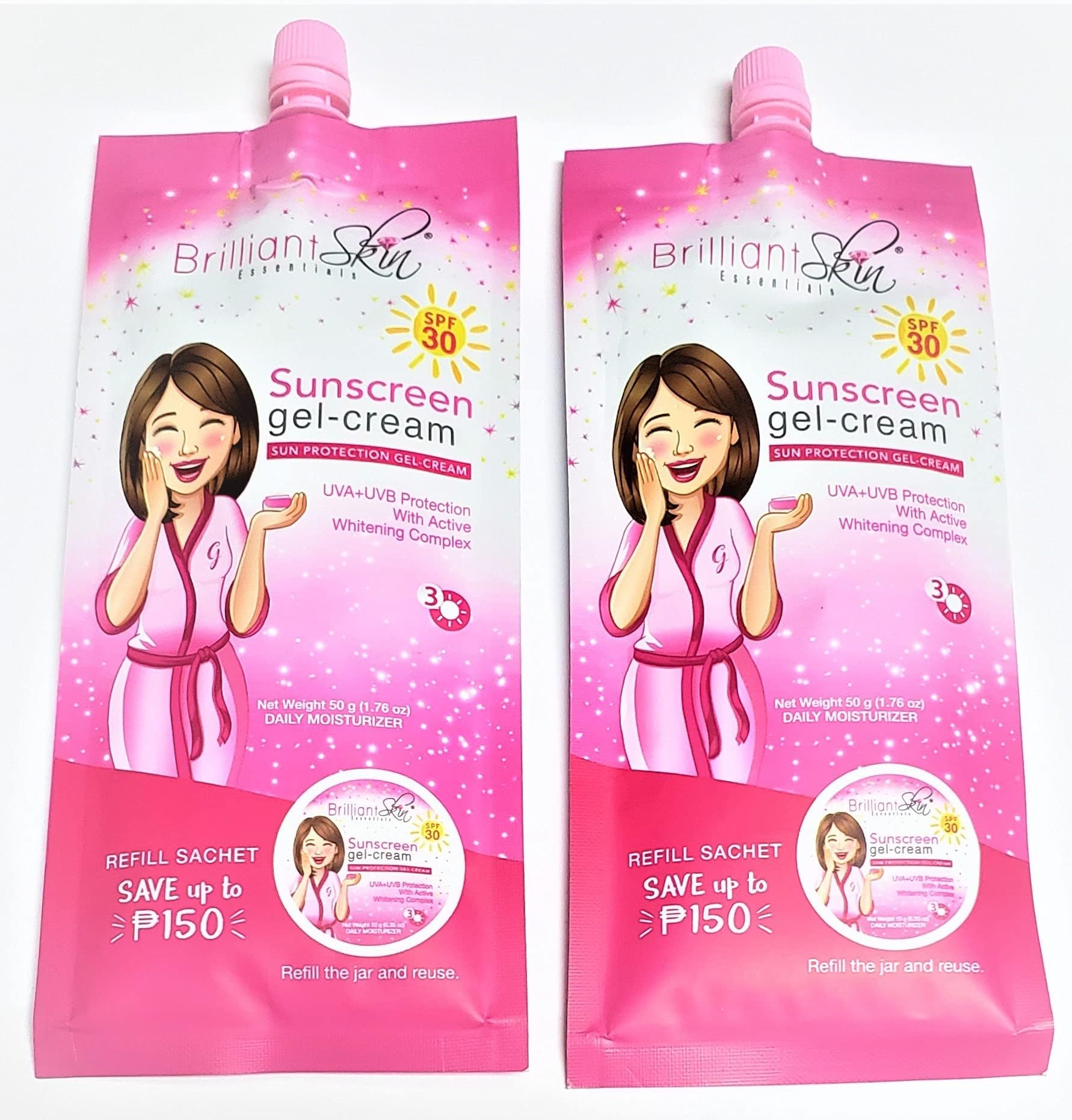 Brilliant Skin Essentials sunscreen gel-cream pack of 2 sachets for daily UV protection.