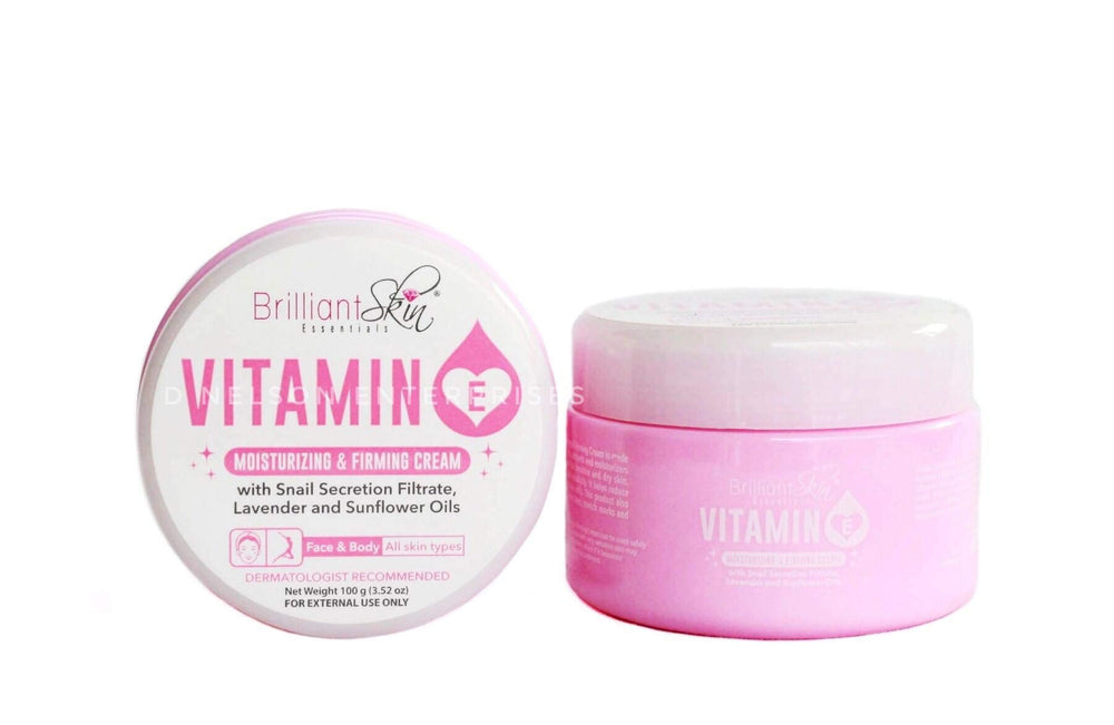 BRILLIANT SKIN ESSENTIALS Vitamin E Cream bottle showing hygienic packaging for daily care.