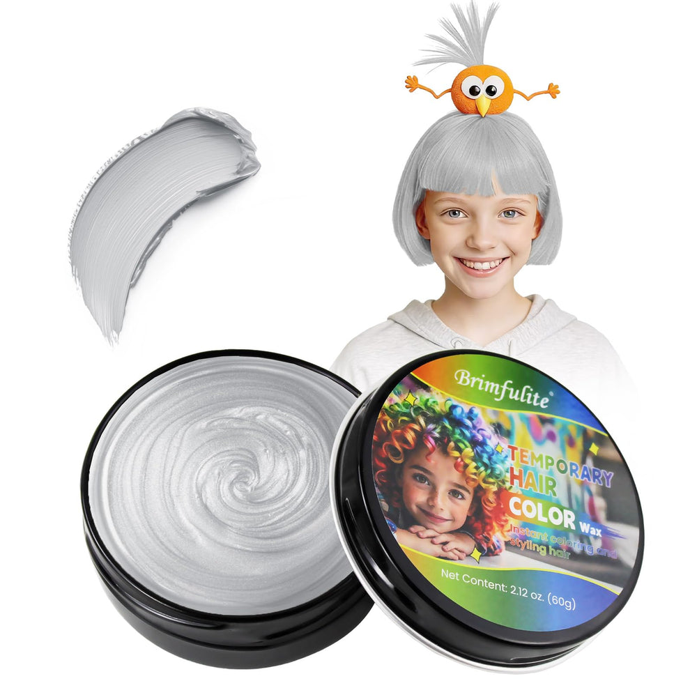 BRIMFULITE silver hair wax packaging shows kid-friendly, washable color.