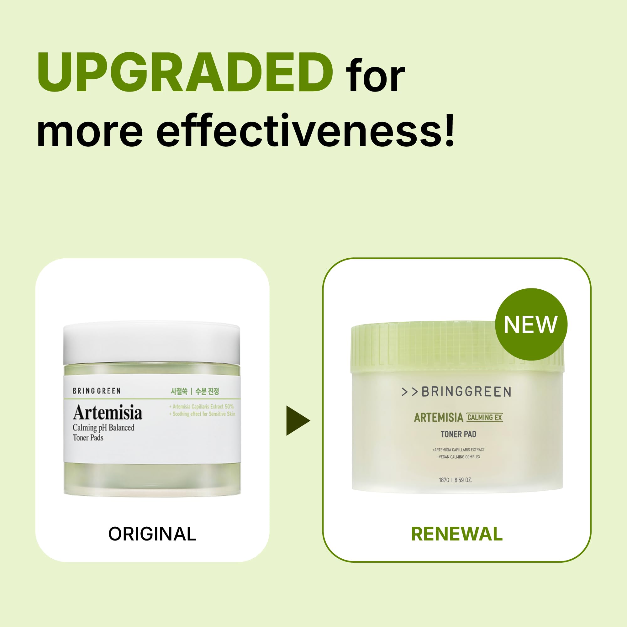 BRING GREEN Artemisia Calming EX Toner Pad applied to cheek for soothing hydration.