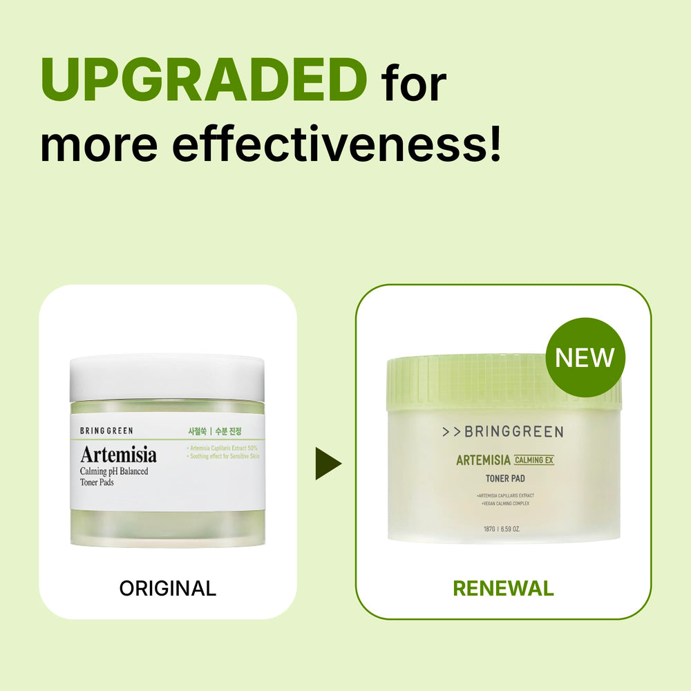BRING GREEN Artemisia Calming EX Toner Pad applied to cheek for soothing hydration.