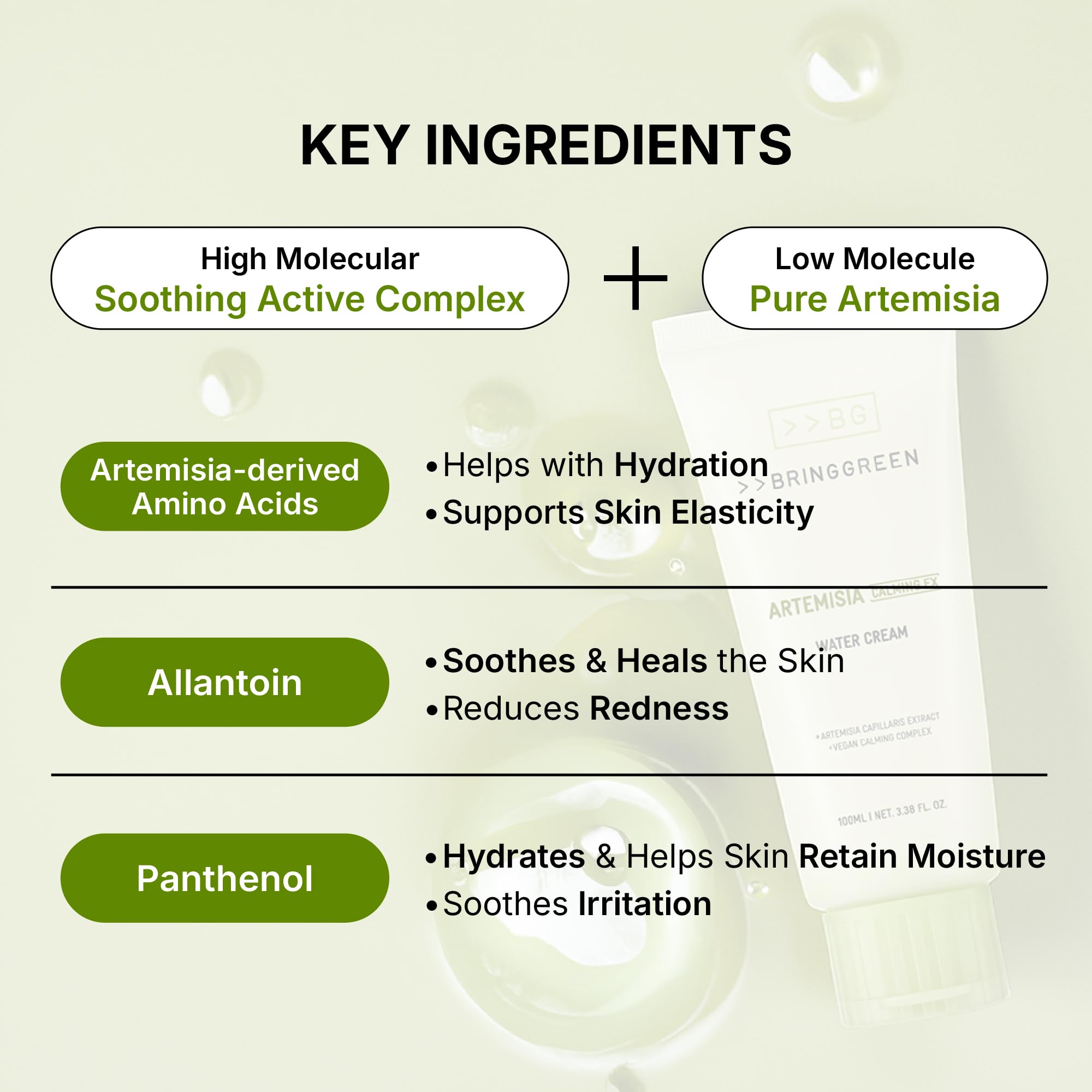 BRING GREEN Artemisia Calming EX Water Cream packaging highlights calming skin support.
