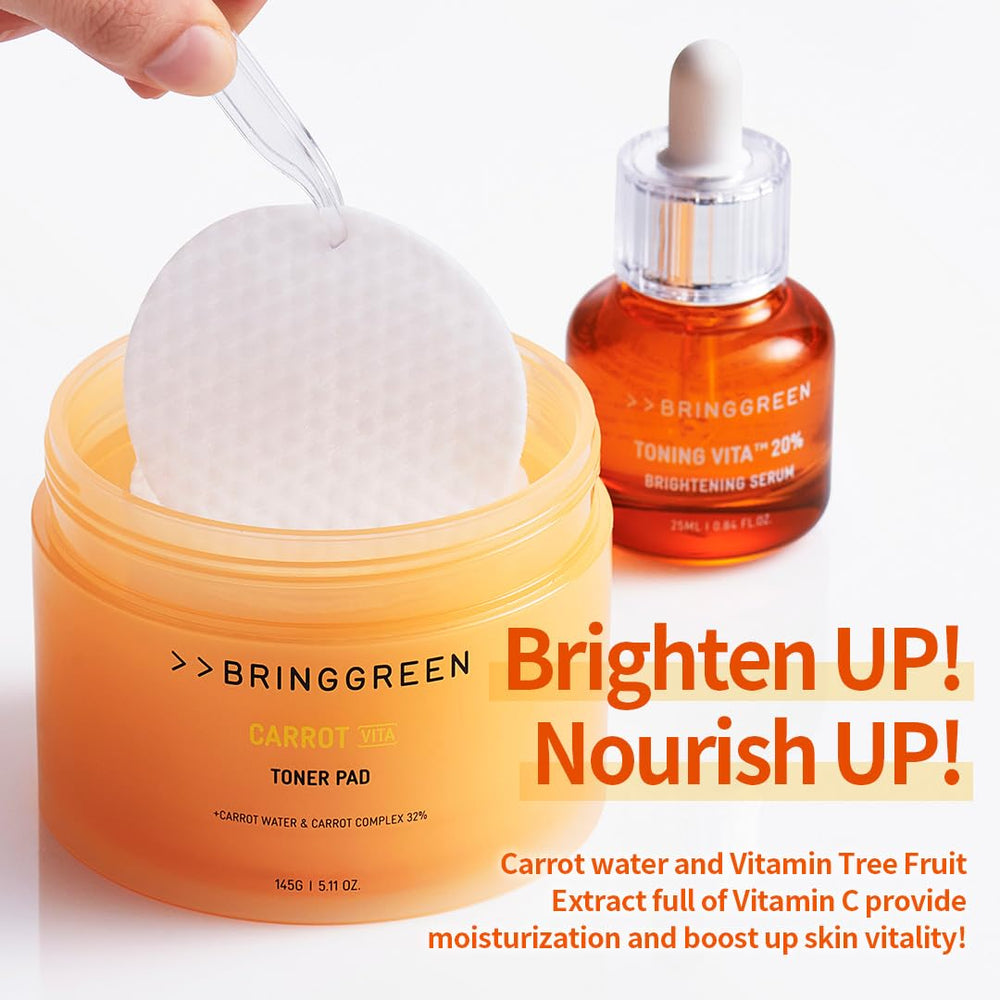 Close-up of BRING GREEN Carrot Toner Pad highlighting its watery essence texture for refreshed skin.