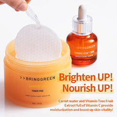 Close-up of BRING GREEN Carrot Toner Pad highlighting its watery essence texture for refreshed skin.