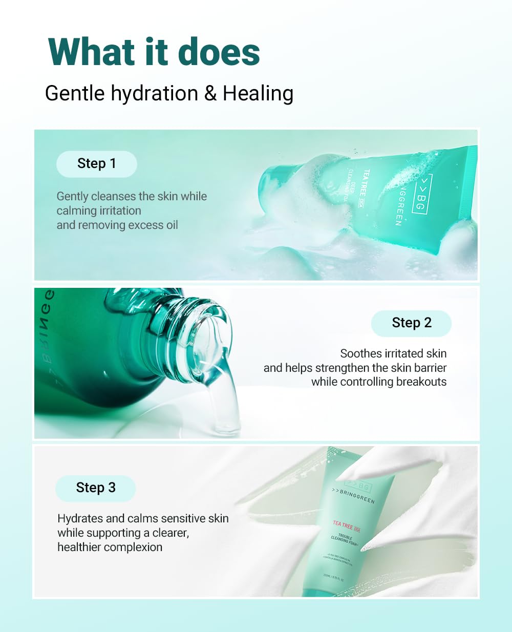 BRING GREEN Ingredient highlights centella and heartleaf for soothing care.