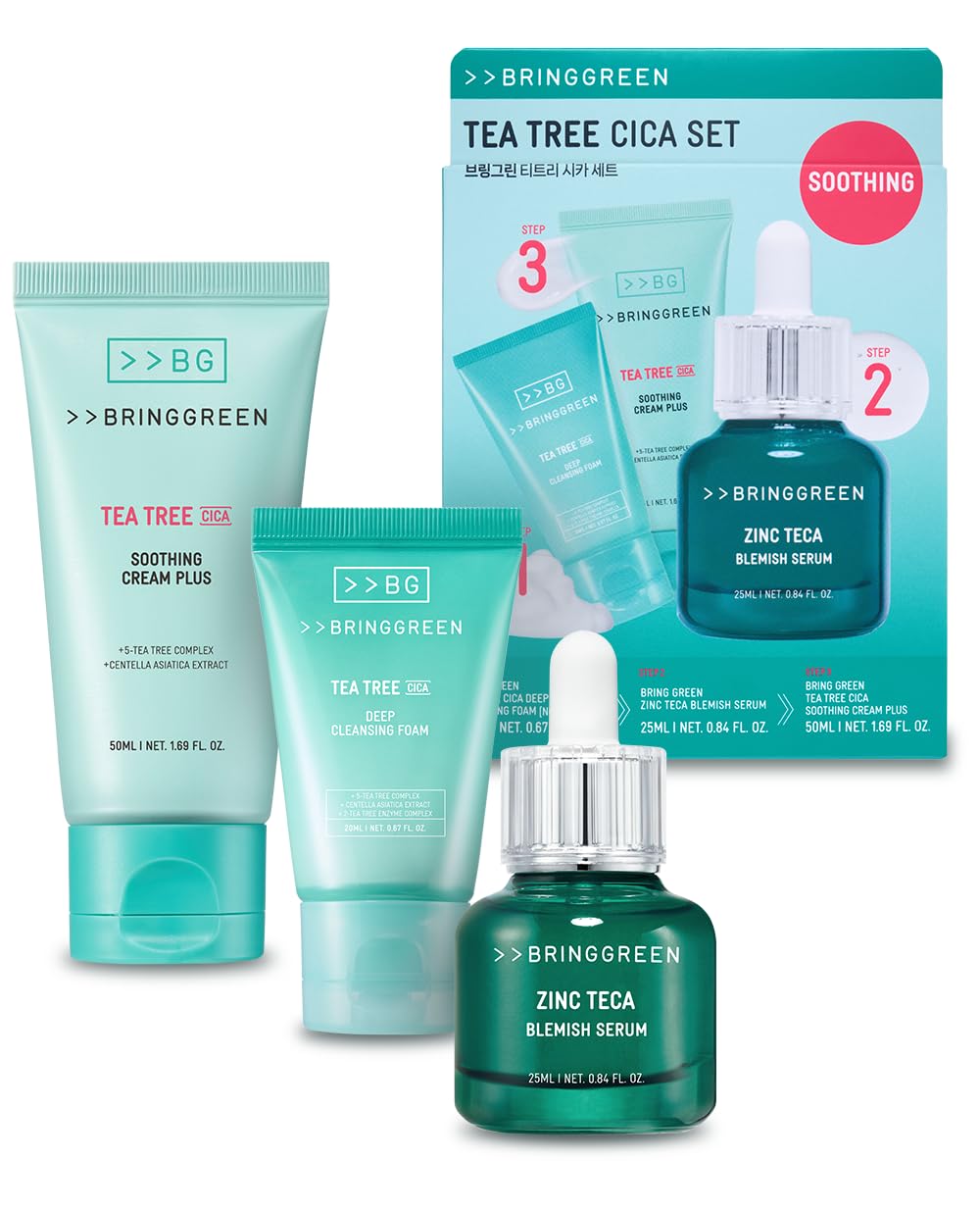 BRING GREEN Tea Tree Cica Set packaging, ideal gift-ready presentation for sensitive skin.