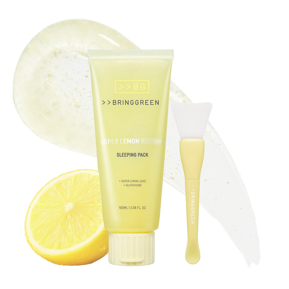 BRING GREEN Super Lemon Sleeping Pack bottle close-up for overnight hydration and radiance.