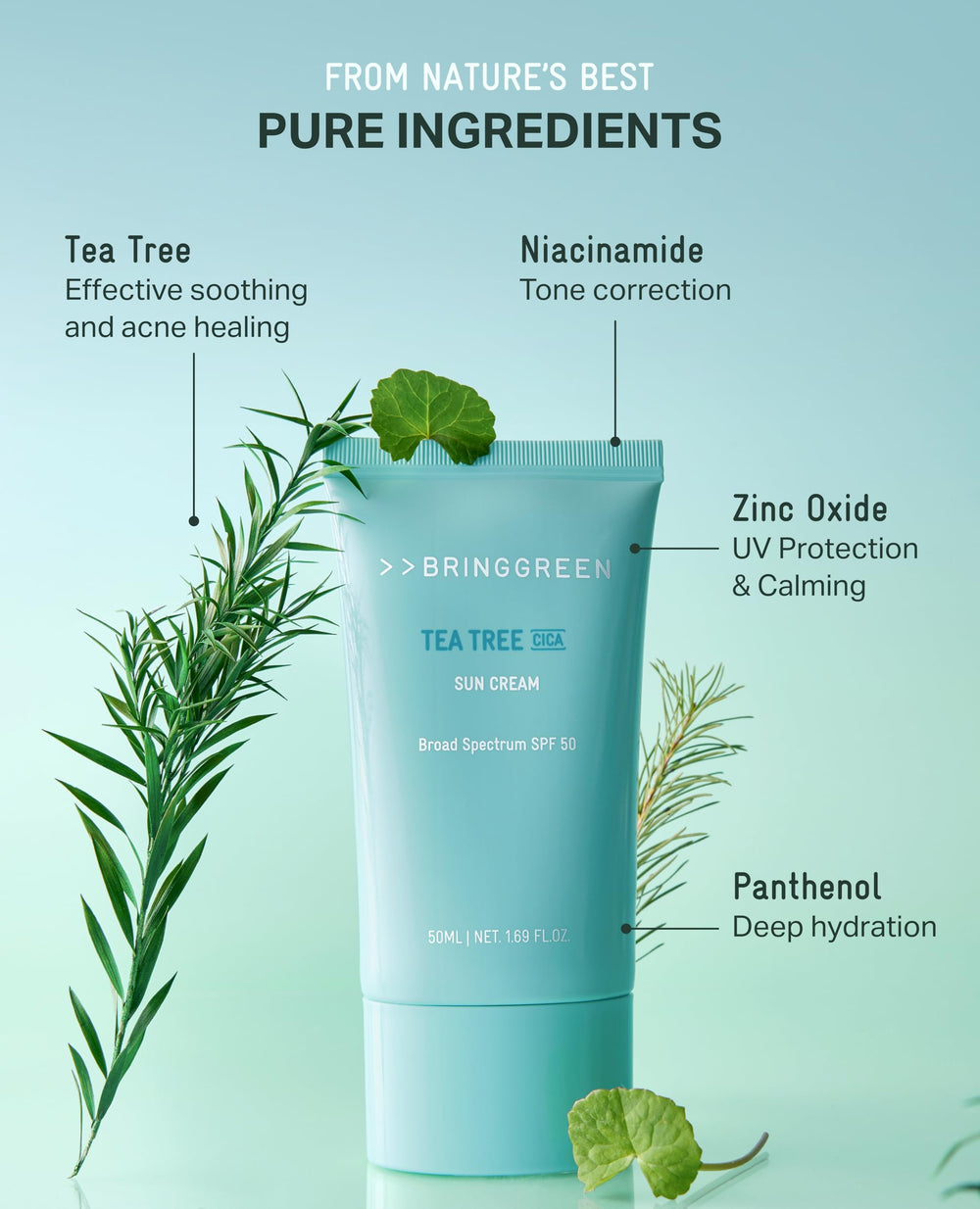 Non-nano zinc oxide filter on BRING GREEN Tea Tree CICA Mineral Sunscreen