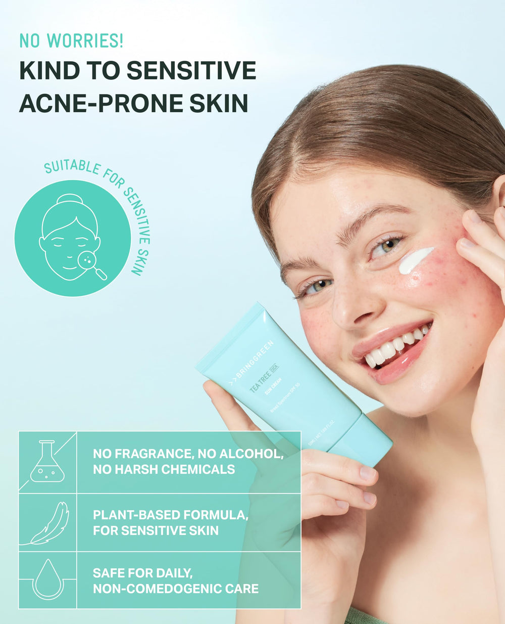 BRING GREEN Tea Tree CICA Mineral Sunscreen spread on skin showing sheer finish