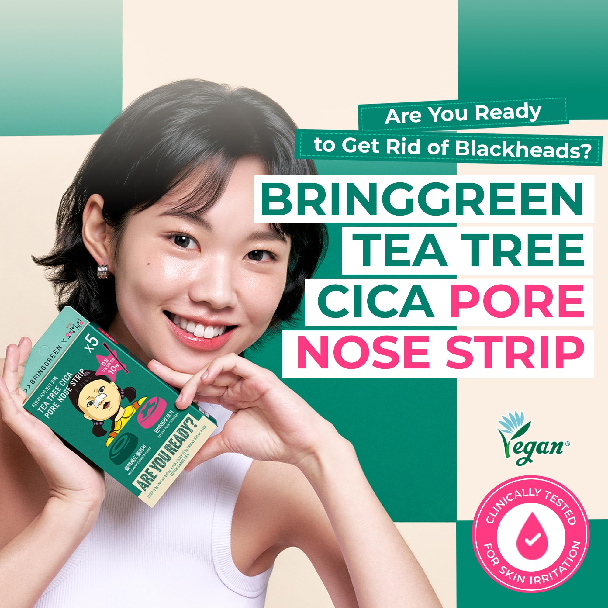 BRING GREEN Tea Tree Cica Pore Nose Strip Step 1 application on clogged pores