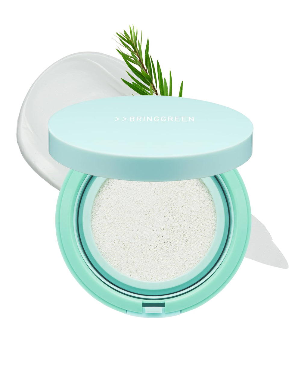 BRING GREEN Tea Tree CICA Sun Cushion packaging close-up showing compact design and portability.