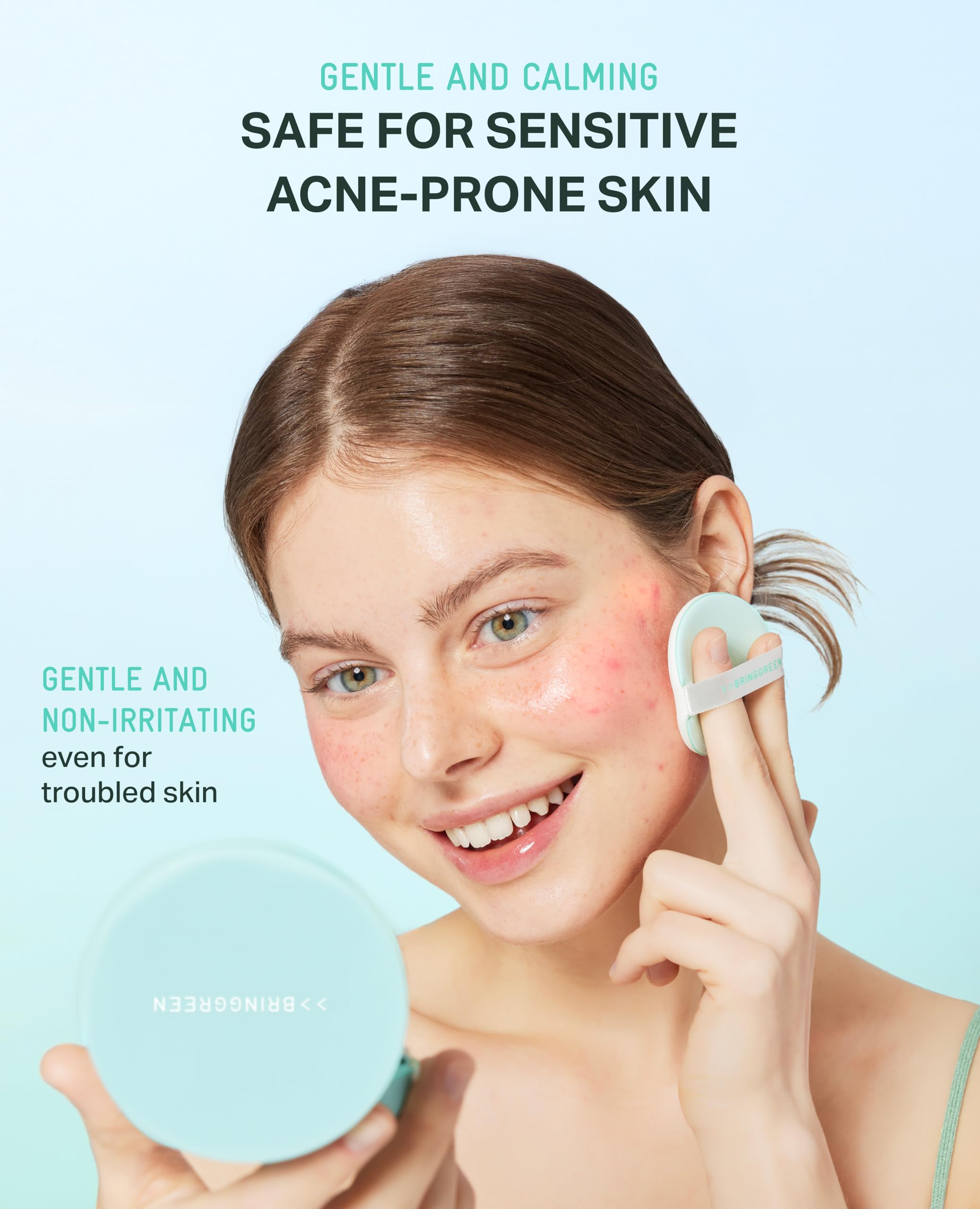 Swatch of BRING GREEN Tea Tree CICA Sun Cushion showing tone-up finish and no white cast.