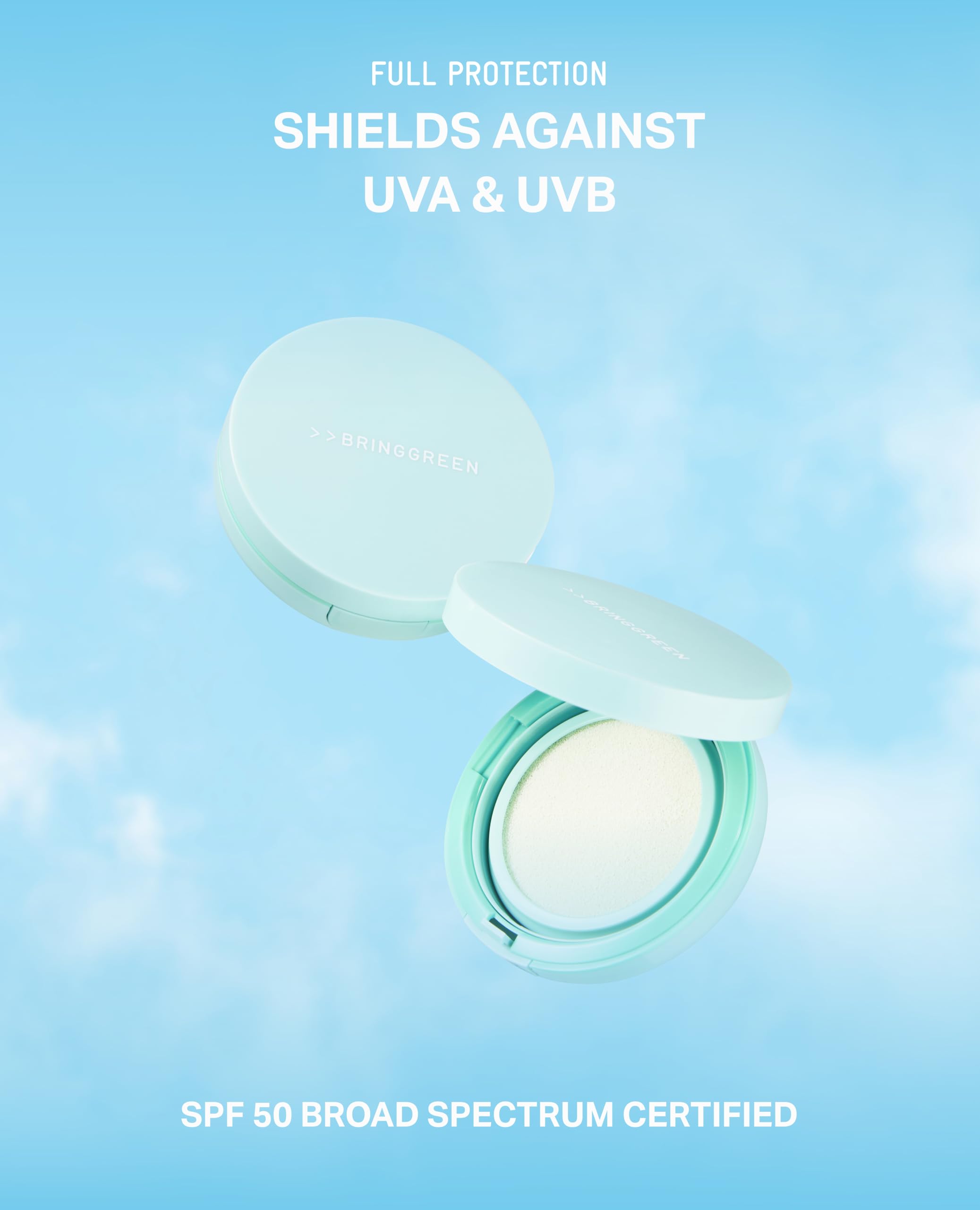 Travel-size BRING GREEN Tea Tree CICA Sun Cushion kit ready for sunny commutes.