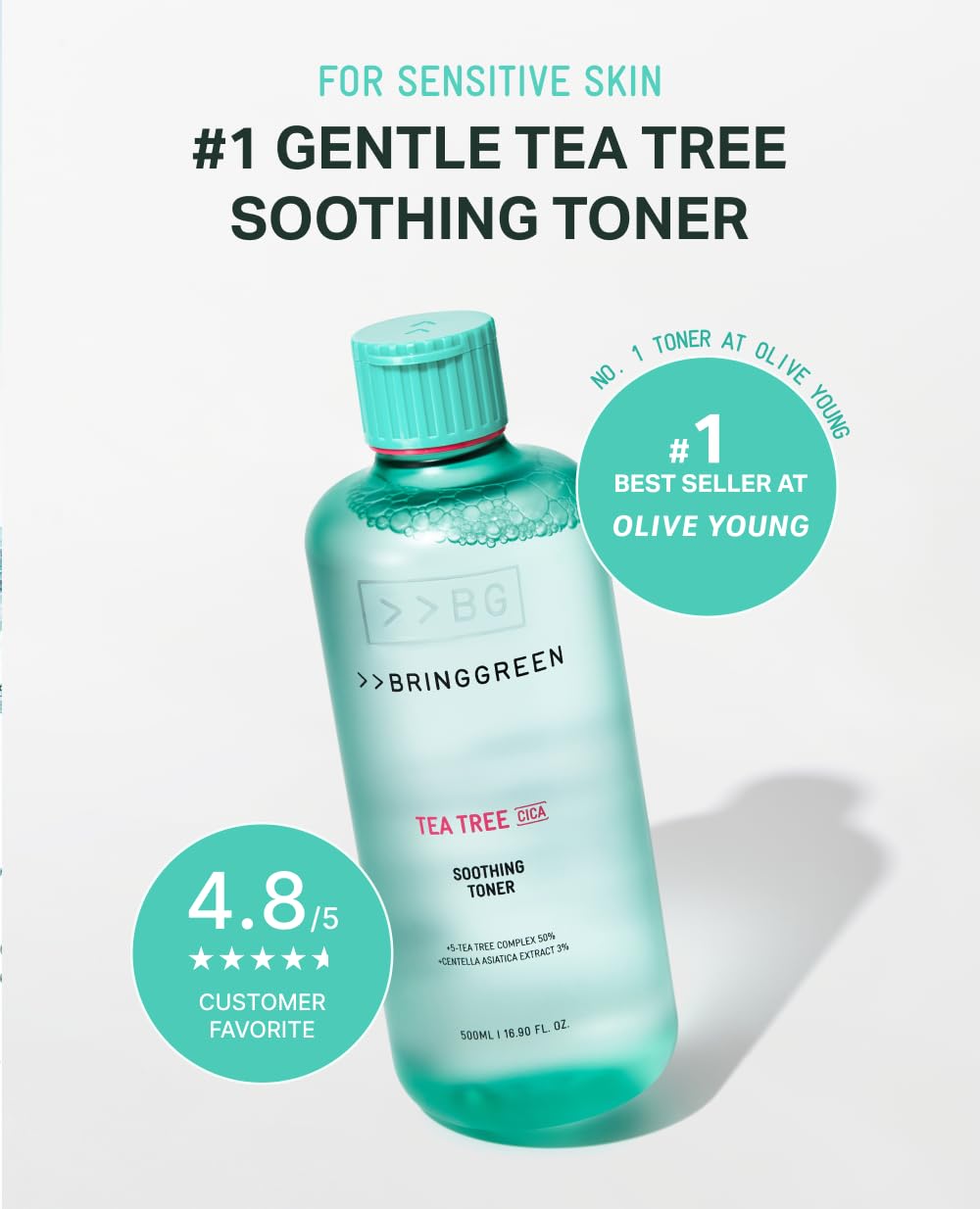 BRING GREEN Tea Tree CICA Toner dispense view showing easy-to-use pump