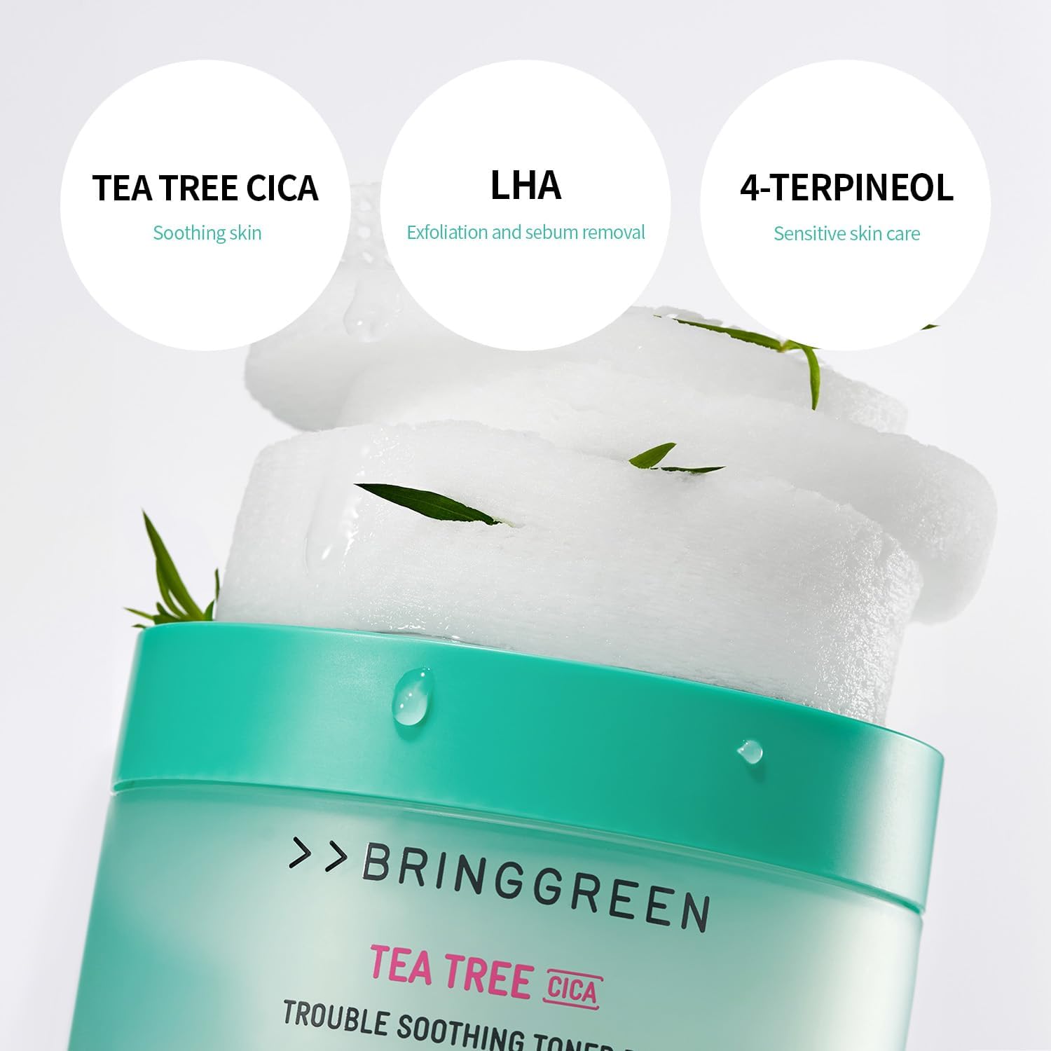 BRING GREEN Tea Tree CICA Toner Pad cooling sensation refreshes irritated skin.