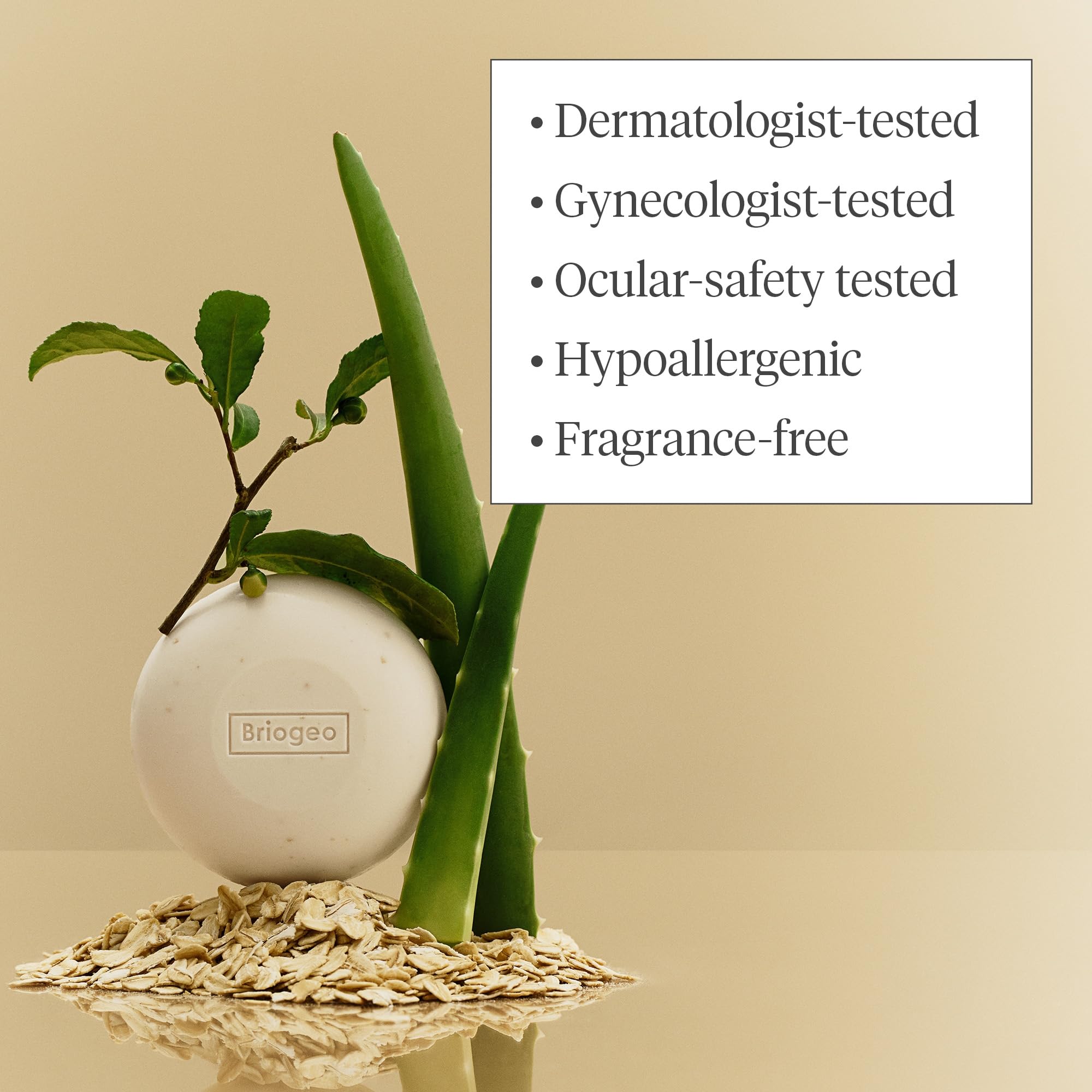 Briogeo Be Gentle Be Kind dermatologist-tested label on bar packaging.