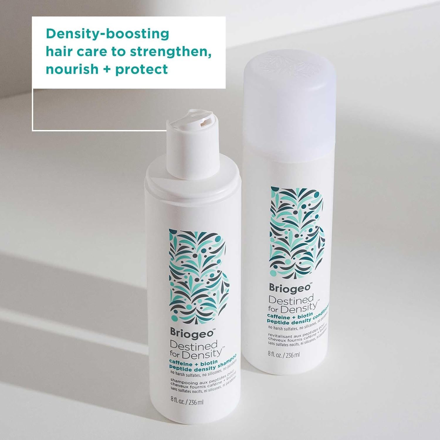 Briogeo Destined for Density CoQ10 caffeine conditioner bottle highlighting vitality for fine hair