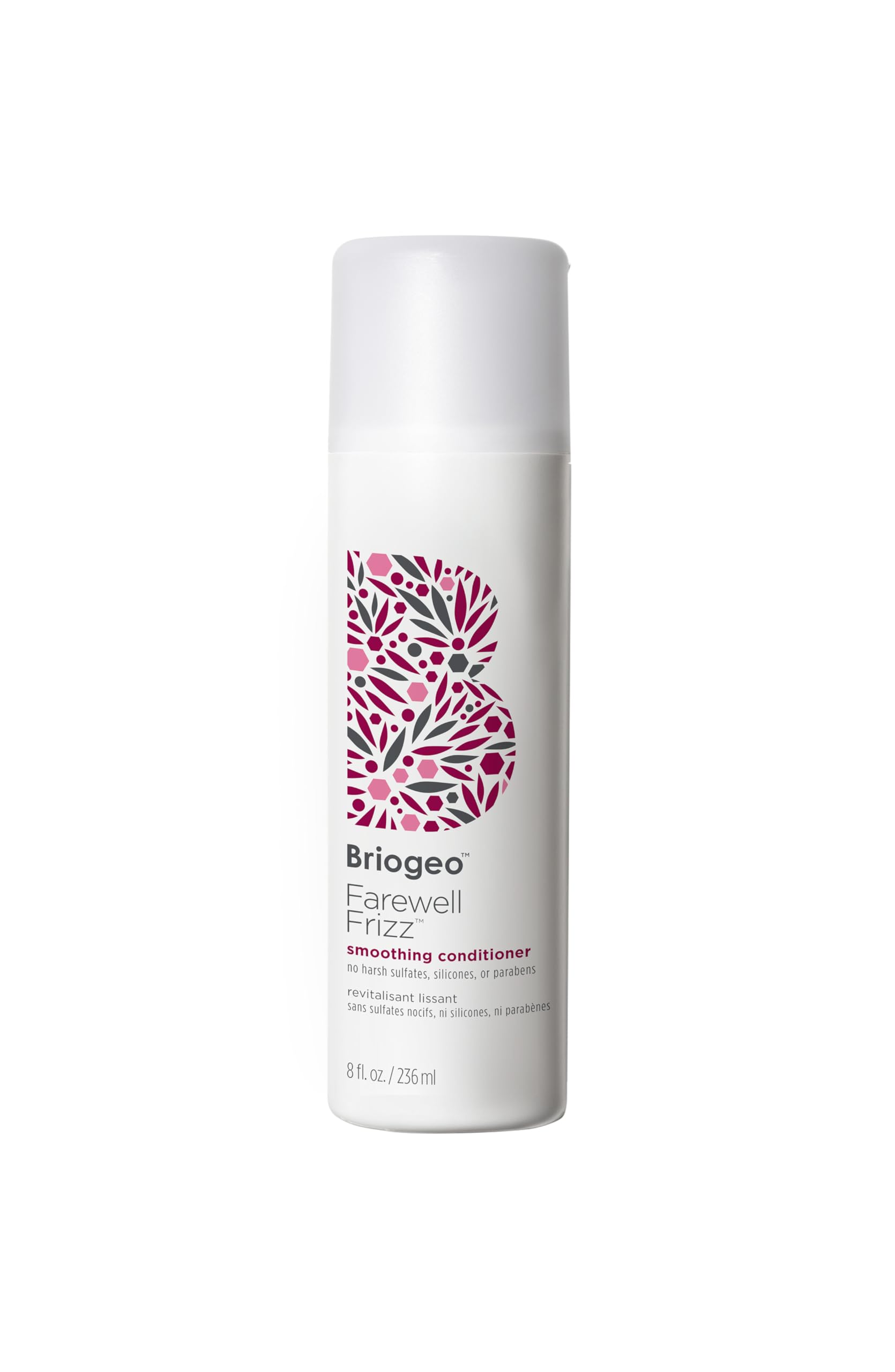 Briogeo Farewell Frizz conditioner bottle highlights vegan formula for smoother, shinier hair.