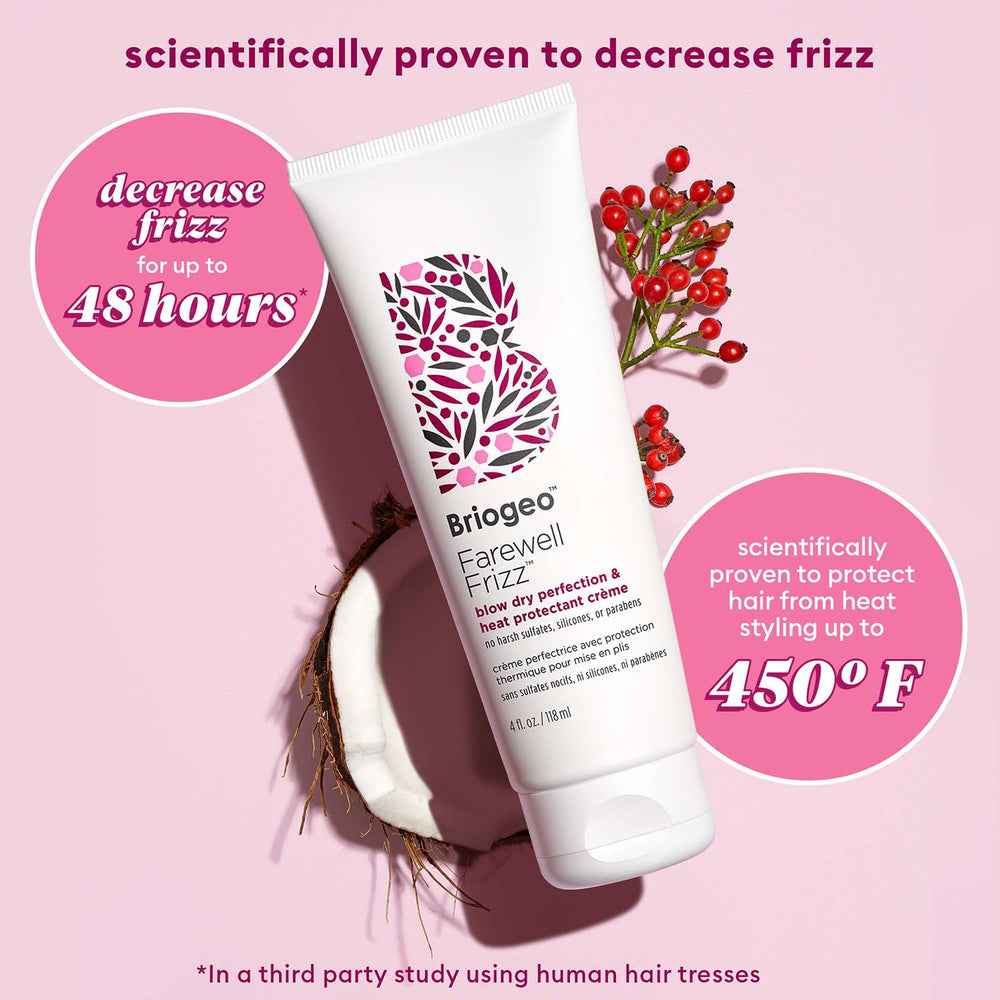 Briogeo Farewell Frizz rosehip and argan oil blend label highlights nourishing ingredients.