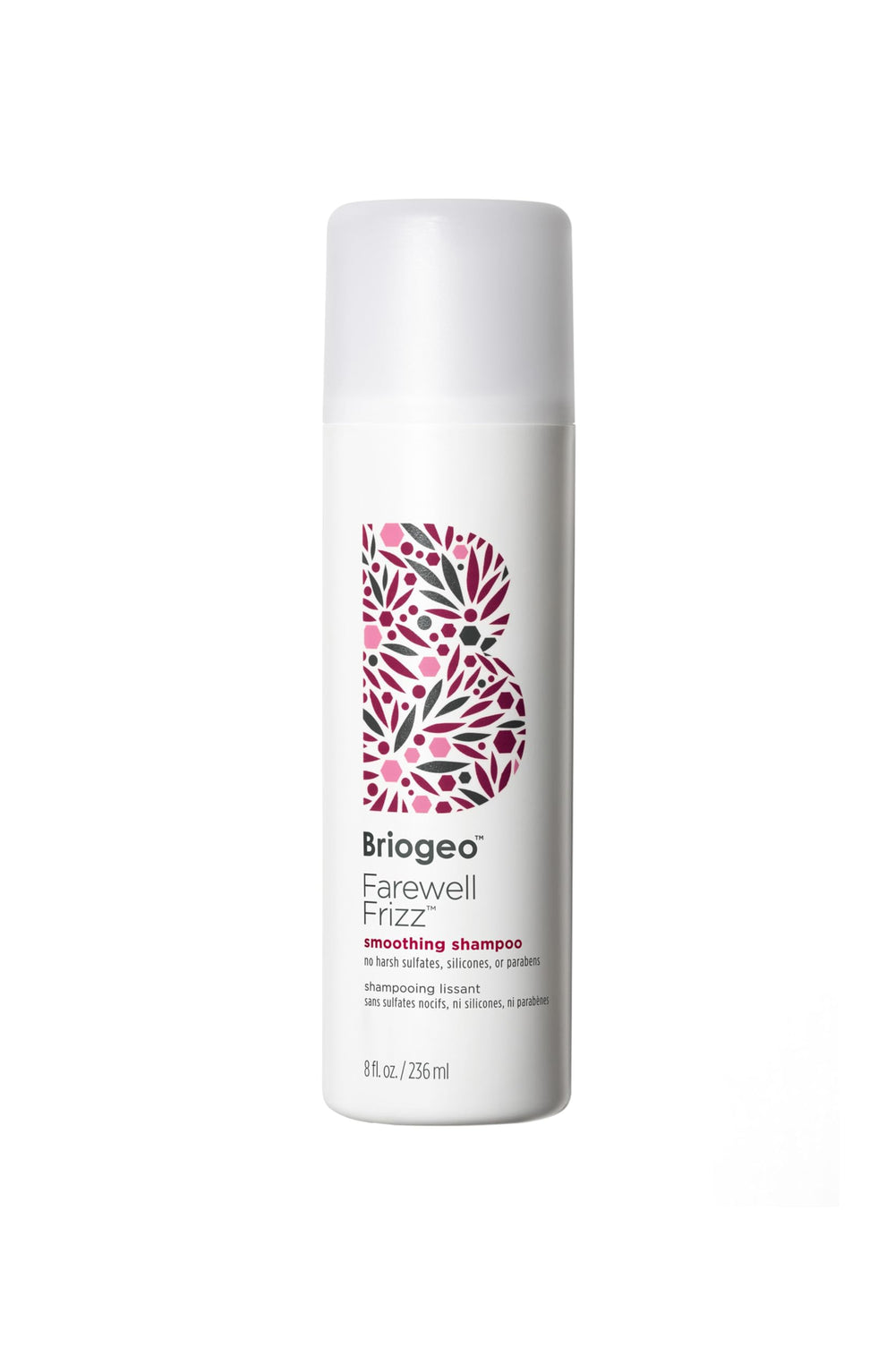 Briogeo Farewell Frizz Shampoo bottle demonstrates frizz control and shine.
