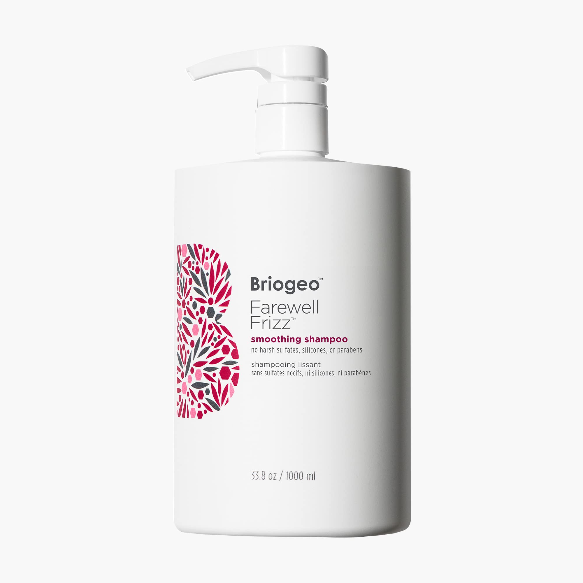Briogeo Farewell Frizz Shampoo bottle on shelf promises frizz control and shine.