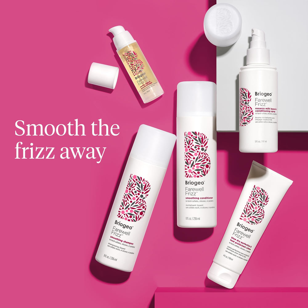Briogeo Farewell Frizz Shampoo branding emphasizes vegan, cruelty-free formula.