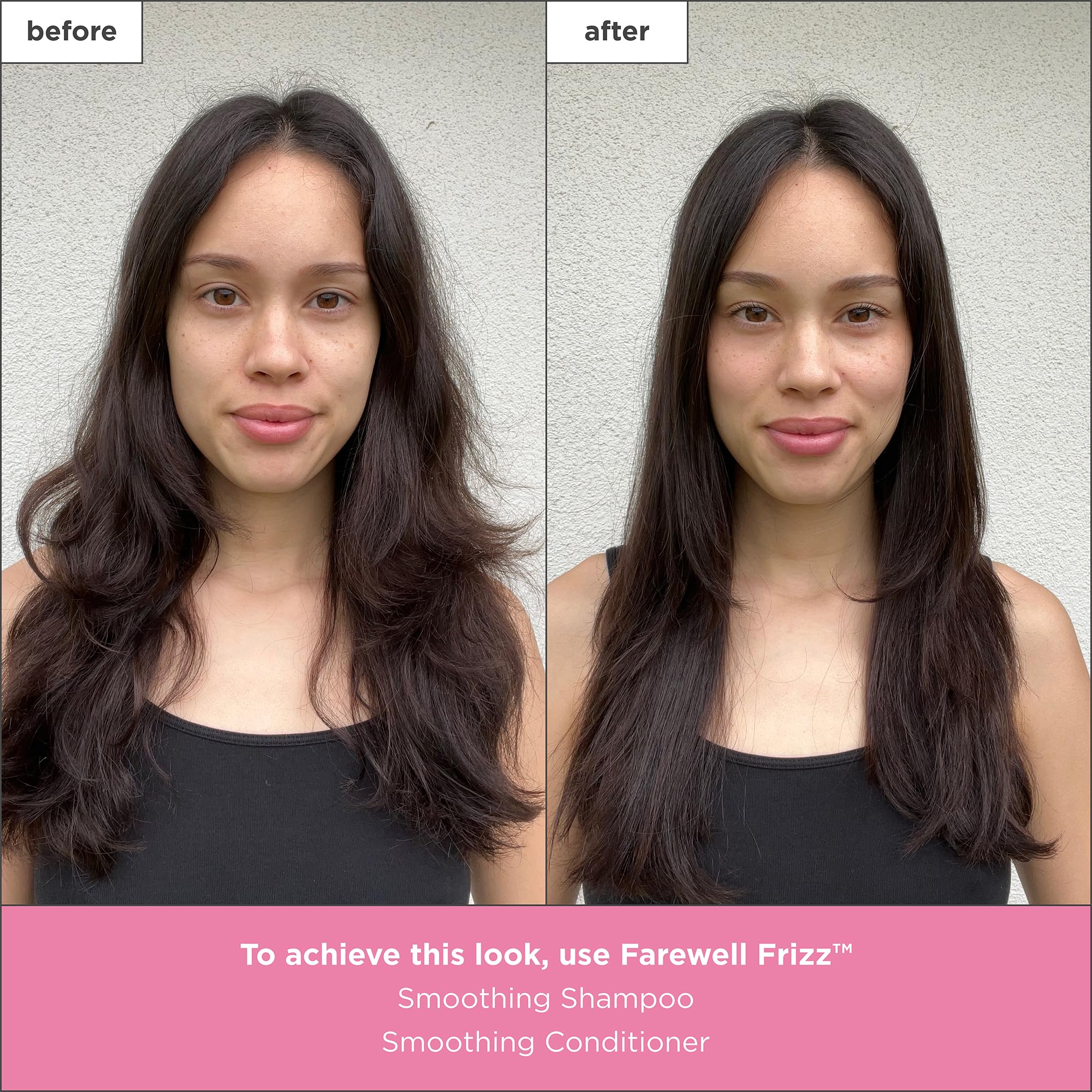 Pouring Briogeo Farewell Frizz Shampoo onto damp hair for even distribution.