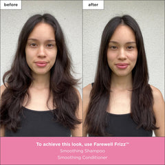 Pouring Briogeo Farewell Frizz Shampoo onto damp hair for even distribution.