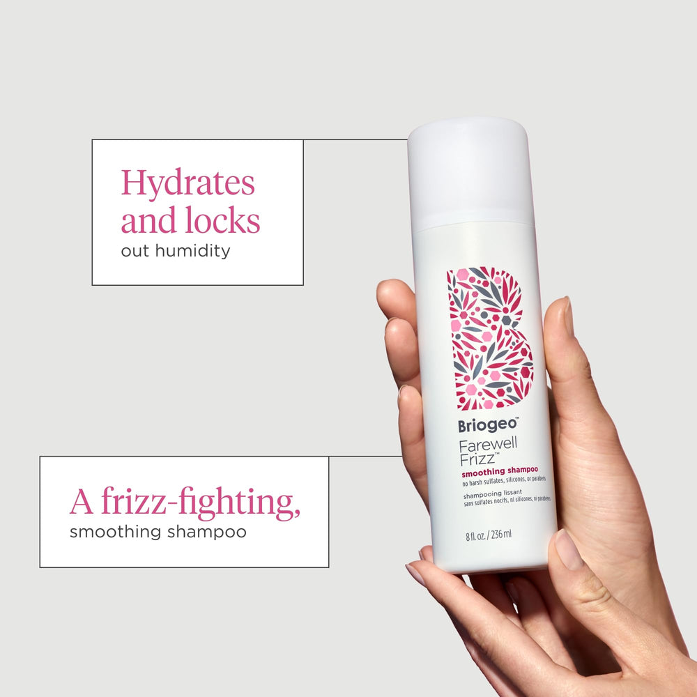 Smooth-haired model with healthy shine after using Briogeo Farewell Frizz Shampoo.