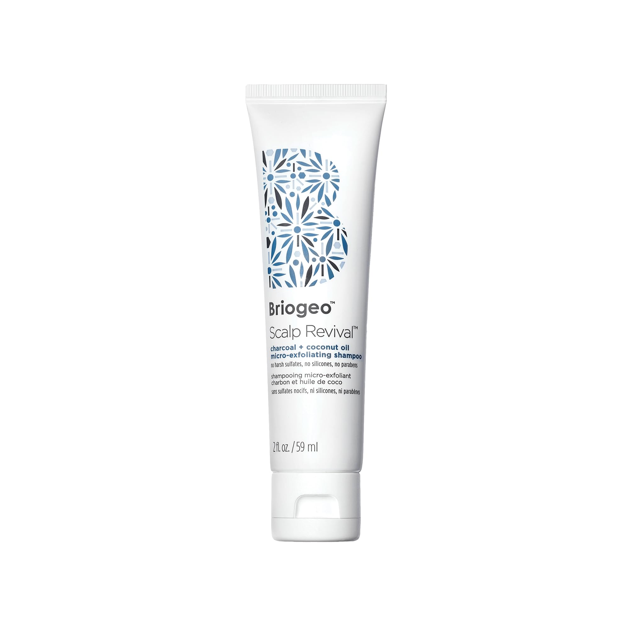 Briogeo Scalp Revival shampoo bottle with charcoal and coconut oil for detox and hydration.