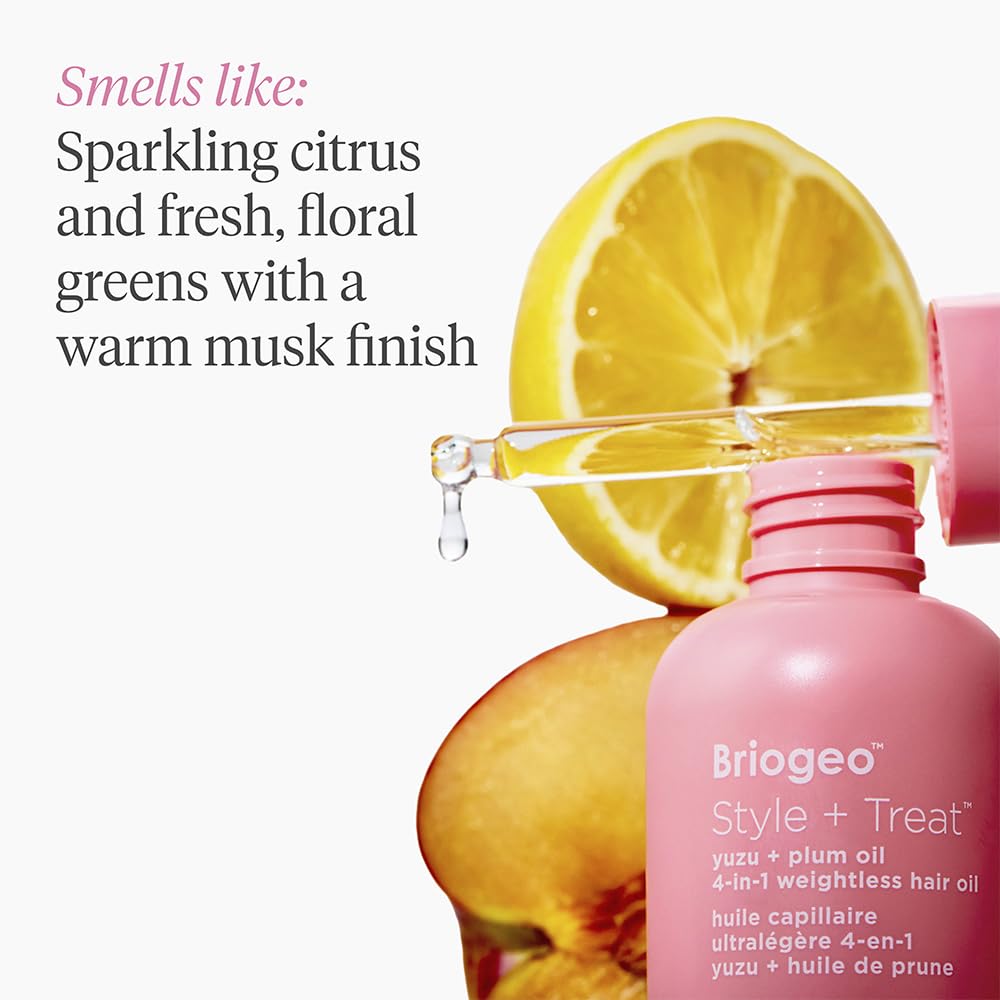 Briogeo Style + Treat Yuzu + Plum 4-in-1 oil vegan label.