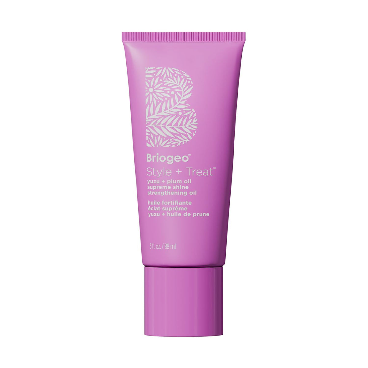 Briogeo Style + Treat Yuzu + Plum Supreme Shine oil bottle shows silicone-free shine for curly hair