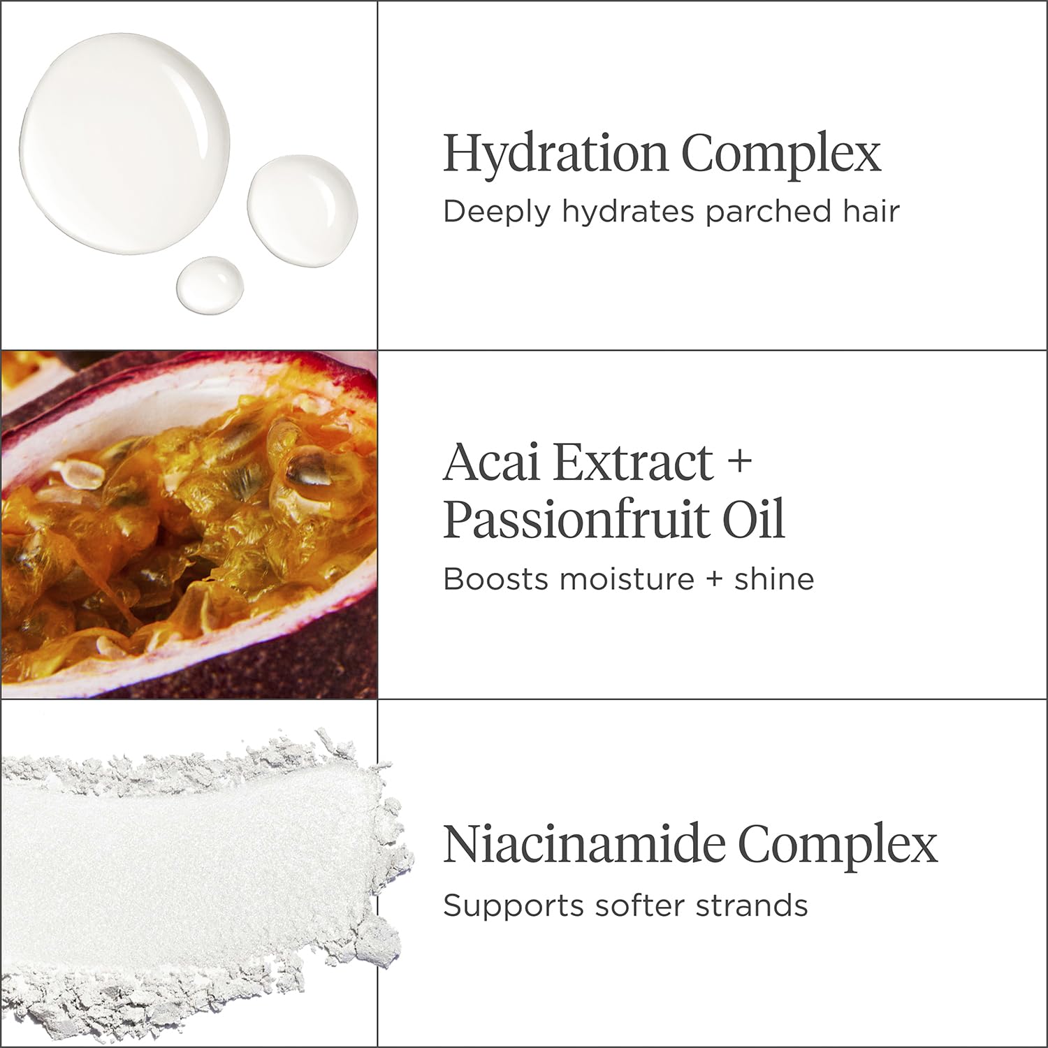 Hyaluronic acid graphic indicates deep, lasting moisture for strands.