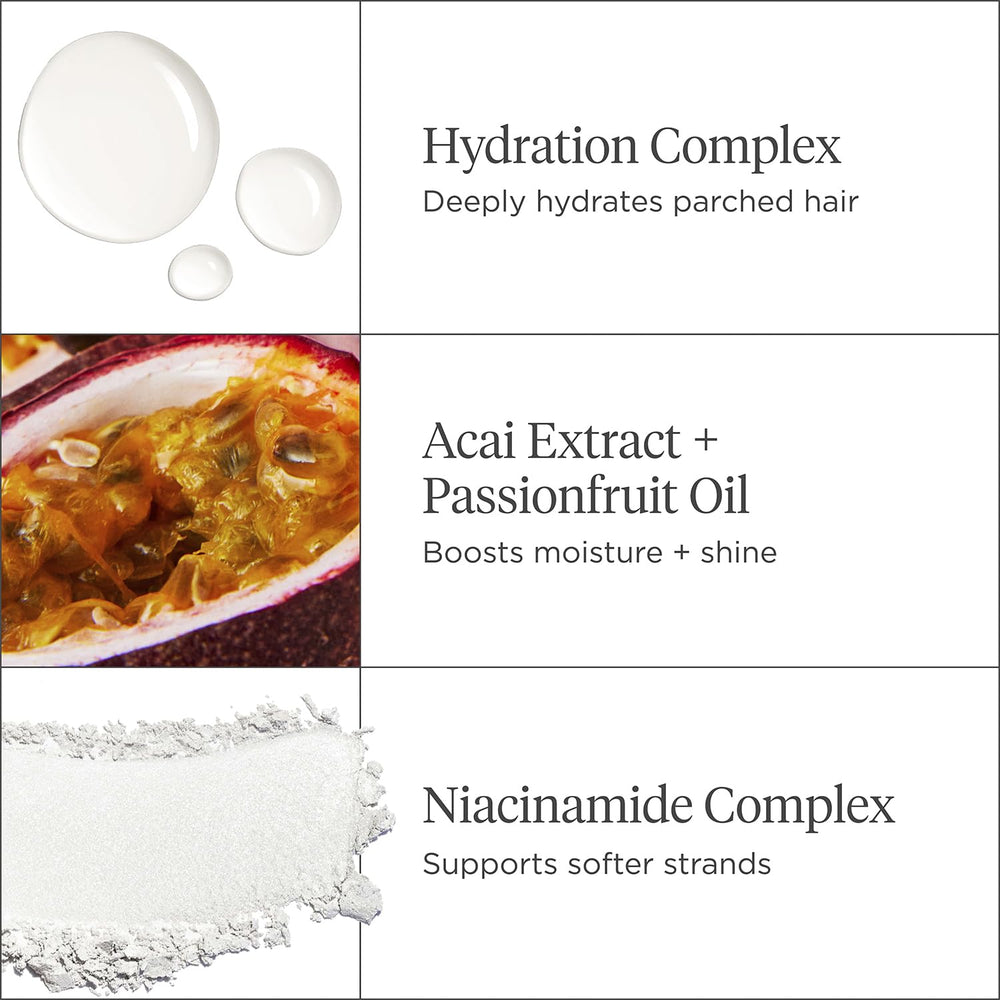 Hyaluronic acid graphic indicates deep, lasting moisture for strands.