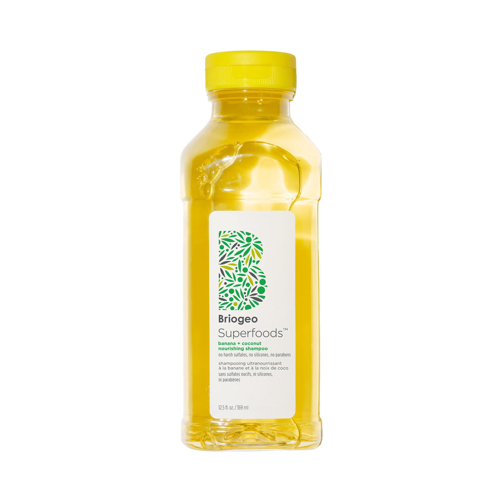 Briogeo Superfoods Banana Coconut Shampoo bottle on shelf delivering moisture boost