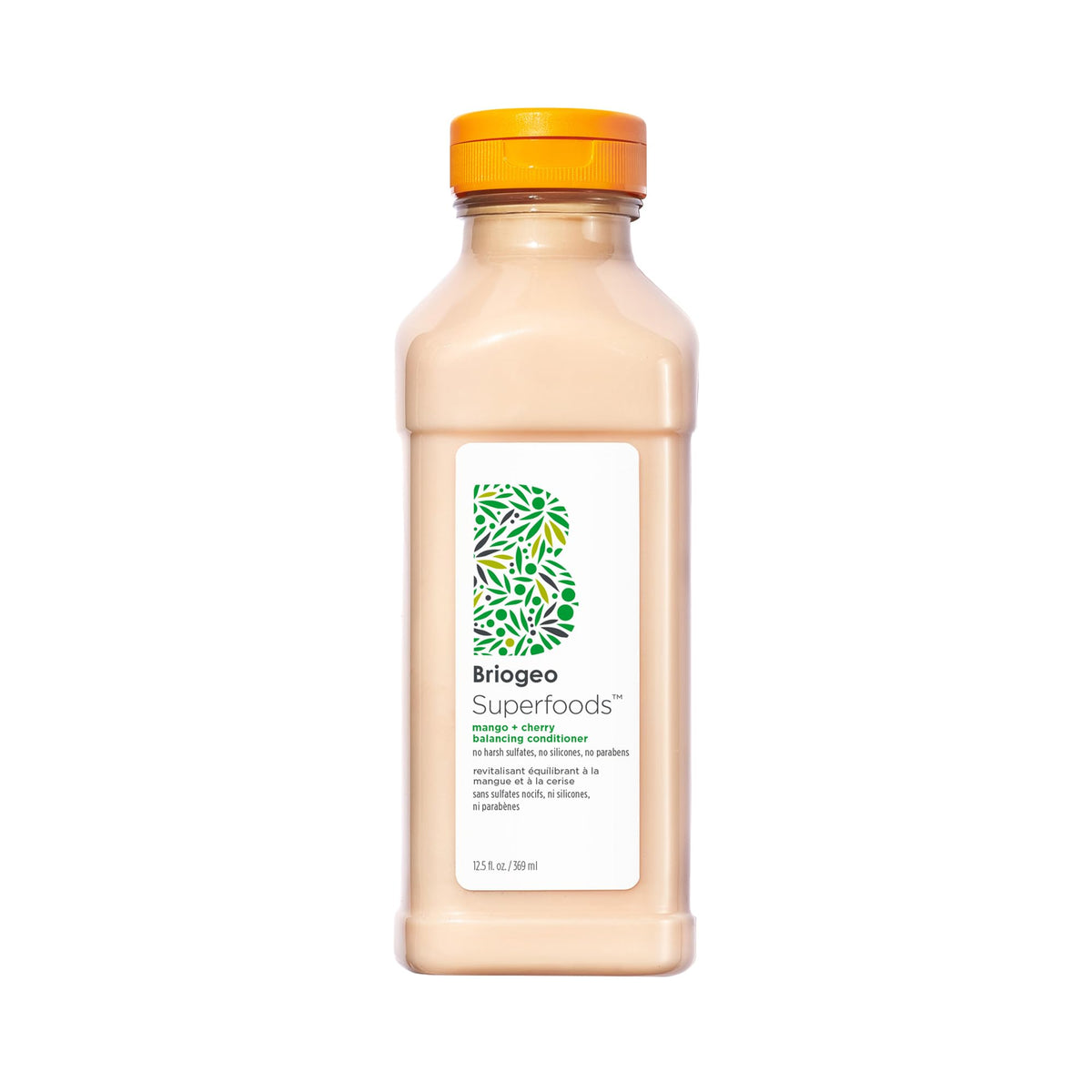 Briogeo Superfoods Mango Cherry Balancing Conditioner bottle front shows lightweight oil-control hydration