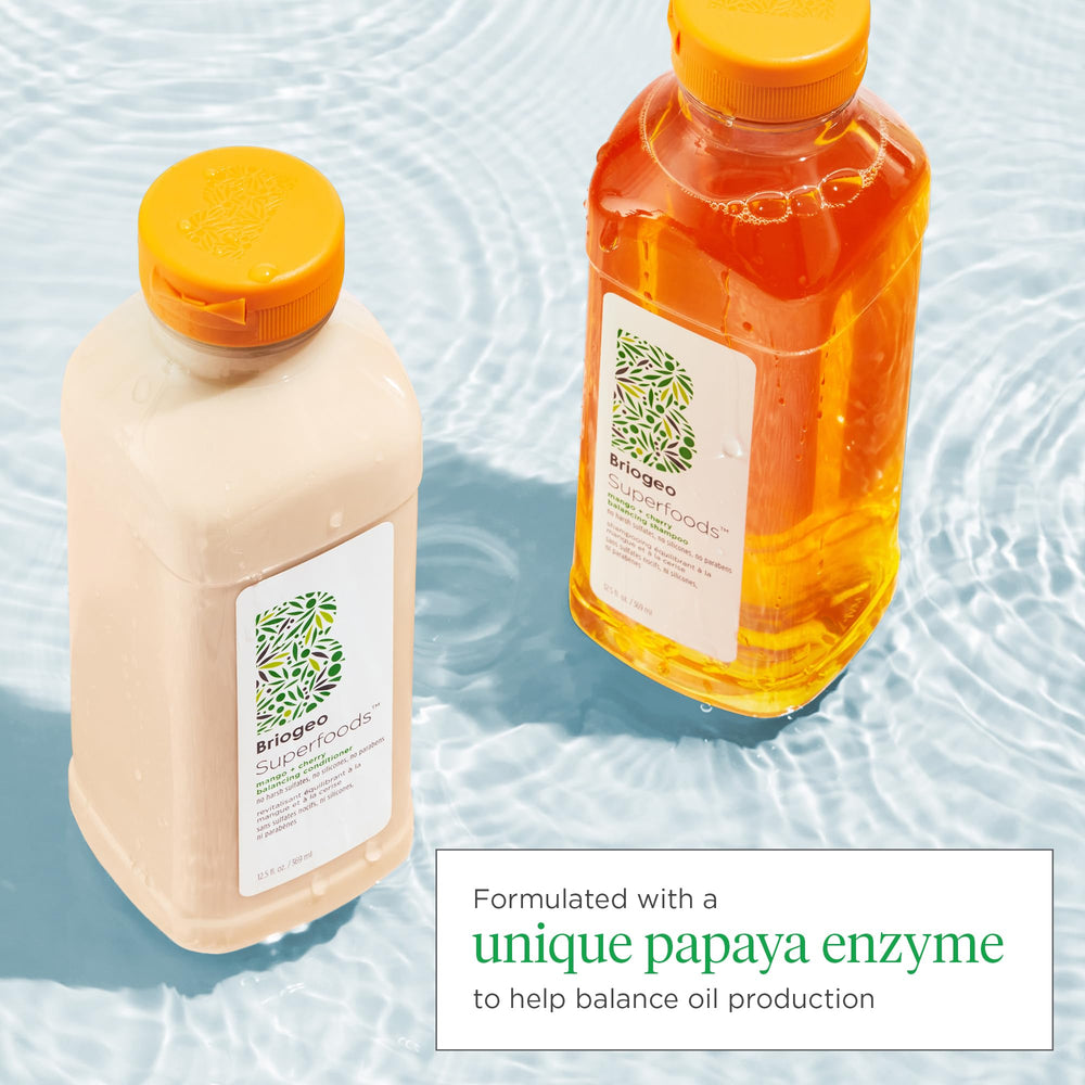 Briogeo Mango and Cherry Hair Pack shampoo close-up highlighting balancing cleanse.